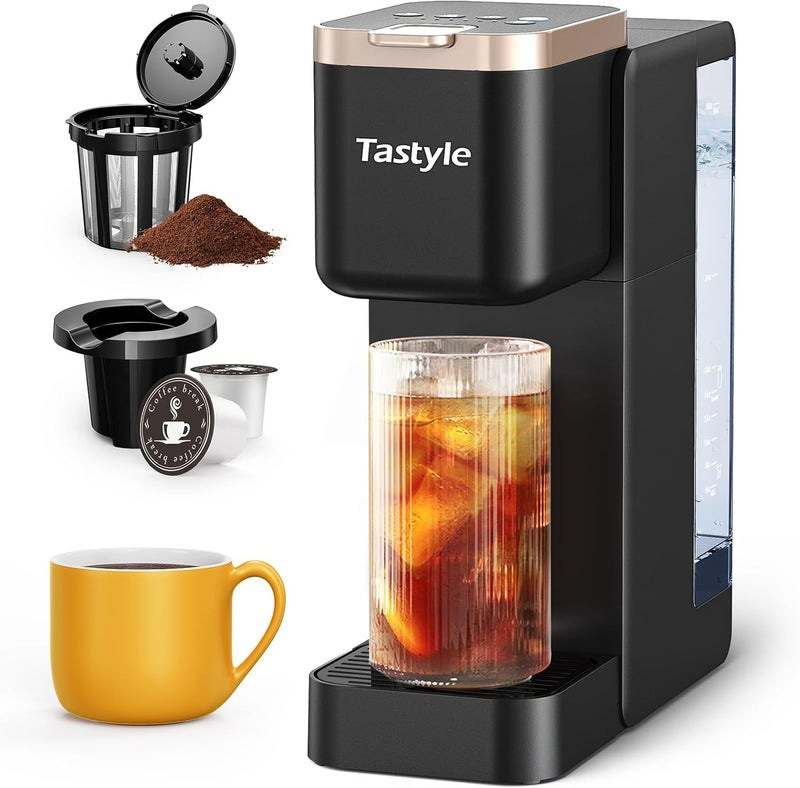 Tastyle Single Serve Hot & Iced Coffee Maker with Strong Brew, 40oz Removable Reservoir, 6 Brew Sizes, Compatible with K Cup and Grounds, Compact for Home, Office, RV, Black & Gold (2.0 Version) - Image 1